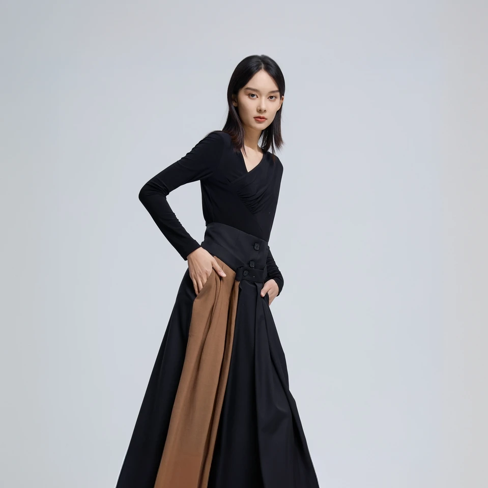 G.JAMEI2024春季时尚设计感高腰裤裙DHAK6104显瘦不规则百褶大摆