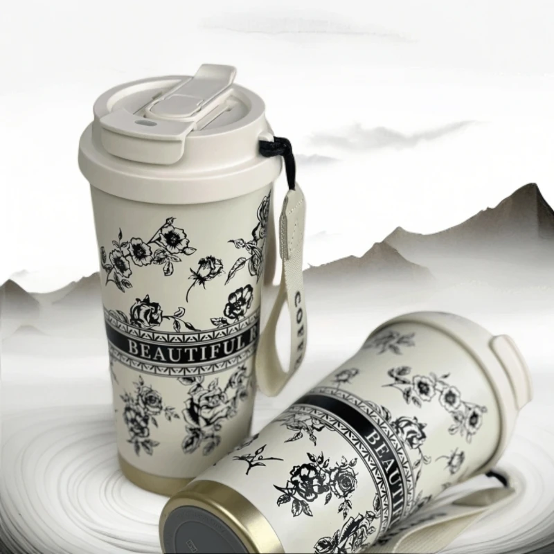 【新款】网红情侣玫瑰花纹咖啡杯316内胆双饮杯带盖保温保冰咖啡杯
