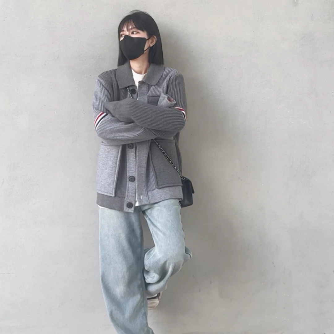 新款翻领拼色羊毛夹克袖标三色织带宽松外套进柜随意对比