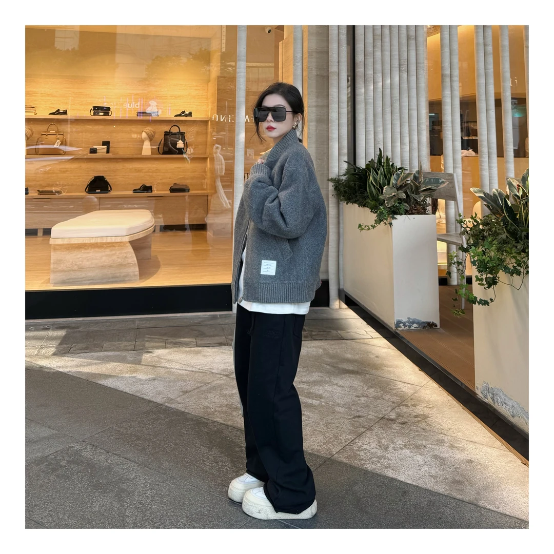 新款抓绒背后三色彩条羊毛呢棒球服外套男款圆领夹克