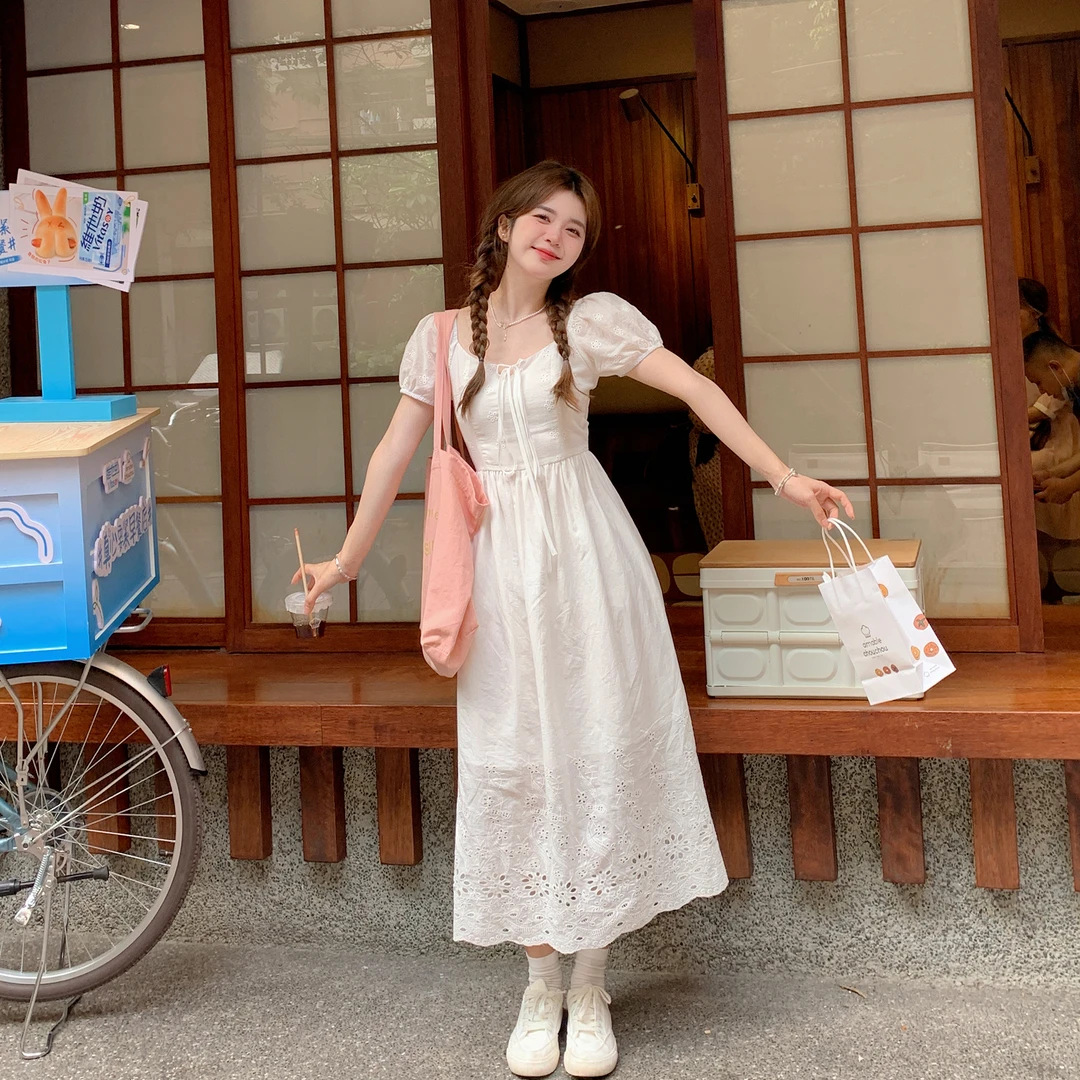 小文没烦恼【白茶2.0】夏季白色初恋长款短袖连衣裙39232L3781