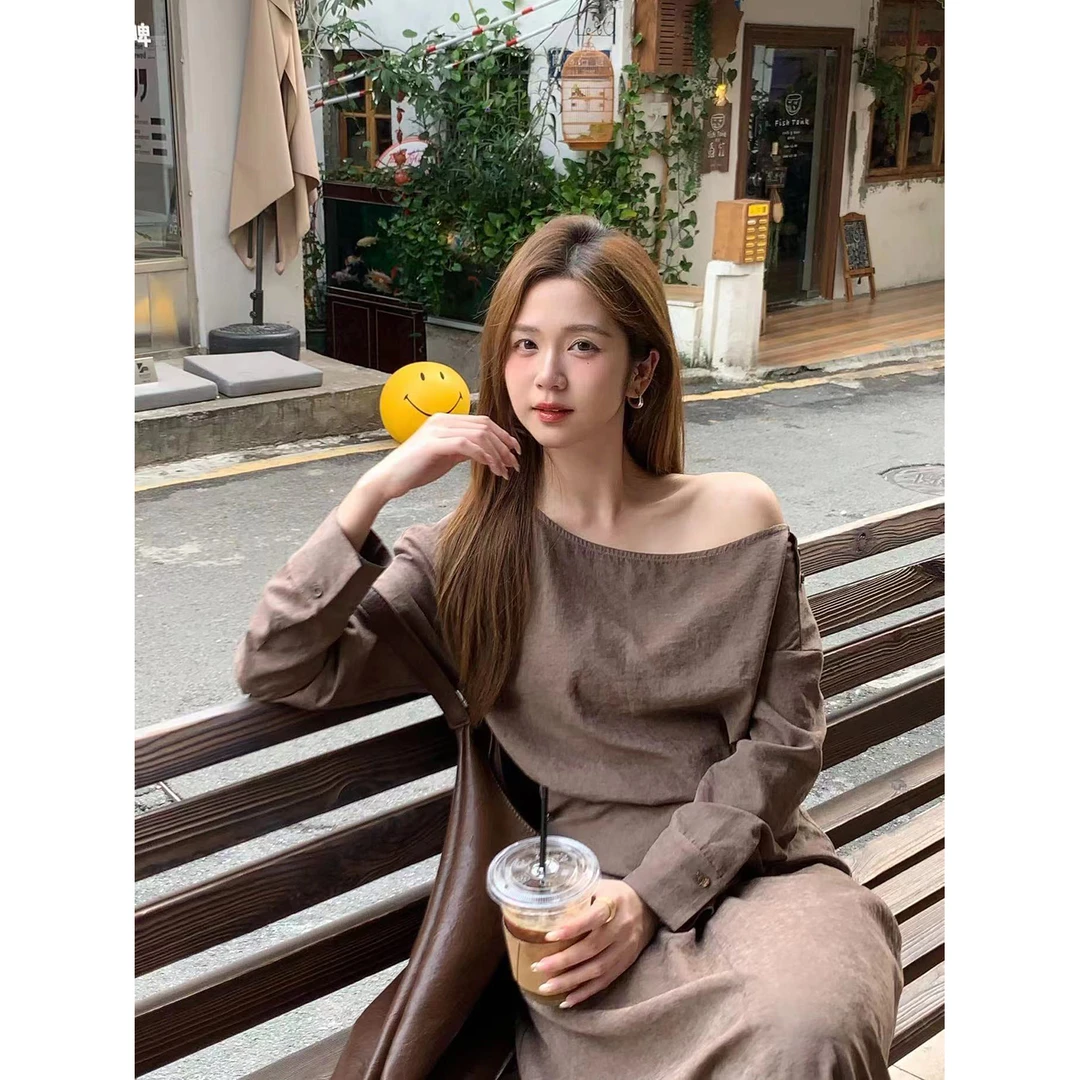 【现货】陳文文【棕日暮秋】秋季长袖连衣裙女收腰气质长裙2L7571