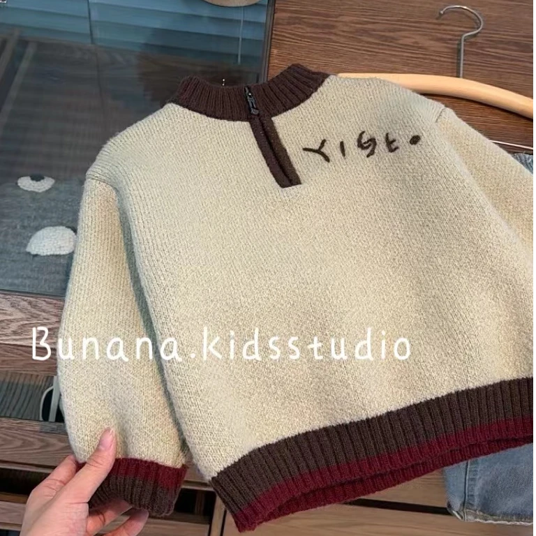 现货 新品儿童毛衣加厚圆领韩版套头时尚百搭慵懒风拼色