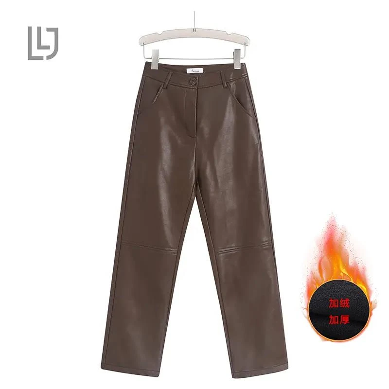 2023秋冬新款皮裤女高腰烟管皮裤加绒加厚百搭显瘦九分皮裤PK0901
