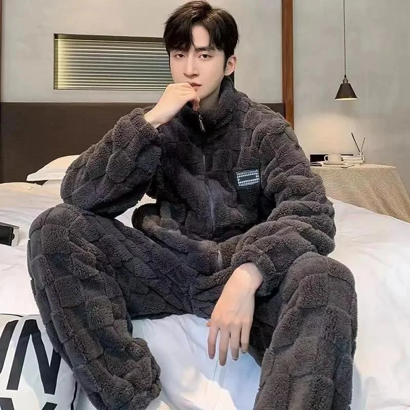 男士睡衣冬季高级感珊瑚绒拉链款休闲加绒加厚家居服套装