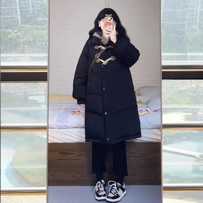 新款女冬季外套胖妹妹牛角扣加厚中长款过膝棉服oversize时尚棉衣