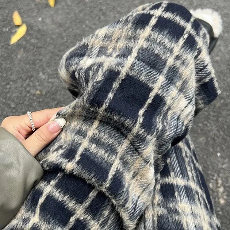 加绒毛呢格子裤女秋冬高腰经典复古黑色休闲直筒裤显瘦窄版阔腿裤