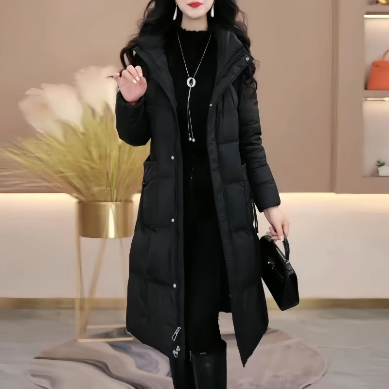 2024冬季新款时尚气质过膝网红服女中长款加厚保暖显瘦连帽外套