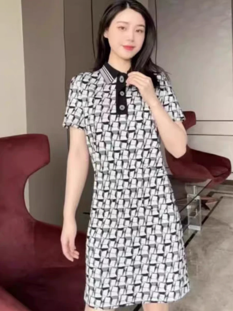 阿家2024新款印花几何图案polo裙微瑕