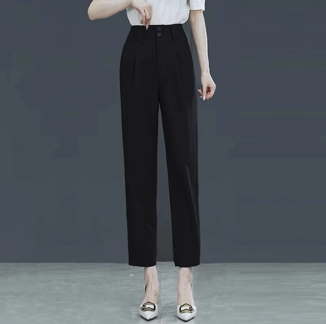 时尚秋季新款显瘦烟管裤女西裤高腰哈伦裤百搭休闲两粒扣九分裤子