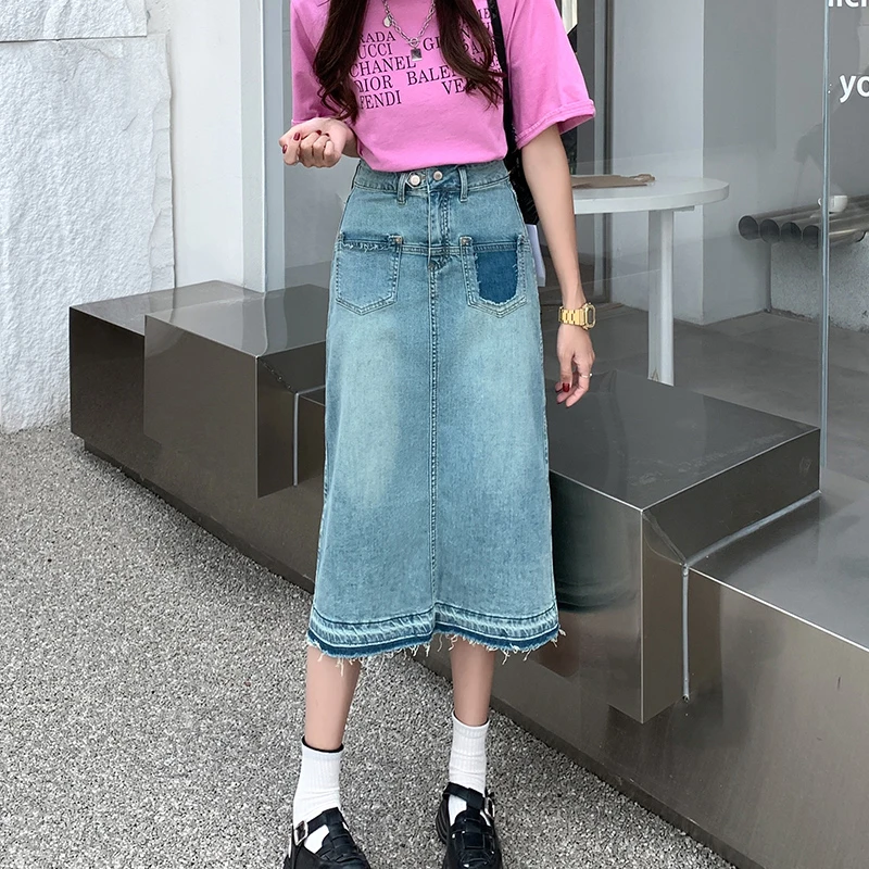 复古毛边高腰牛仔半身裙女2023夏季新款设计感开叉A字显瘦包臀裙