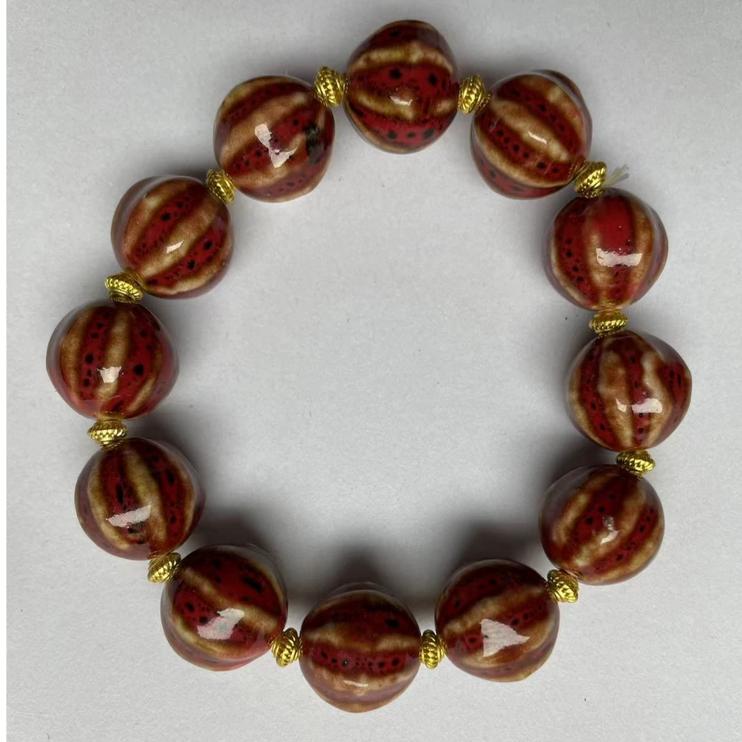 非金属陶瓷手链 红色釉自然窑变手工制作瓜珠瓷器手串