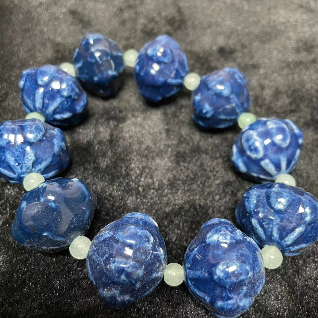 非金属陶瓷手链 瓷器单色釉宝石蓝老型珠手链