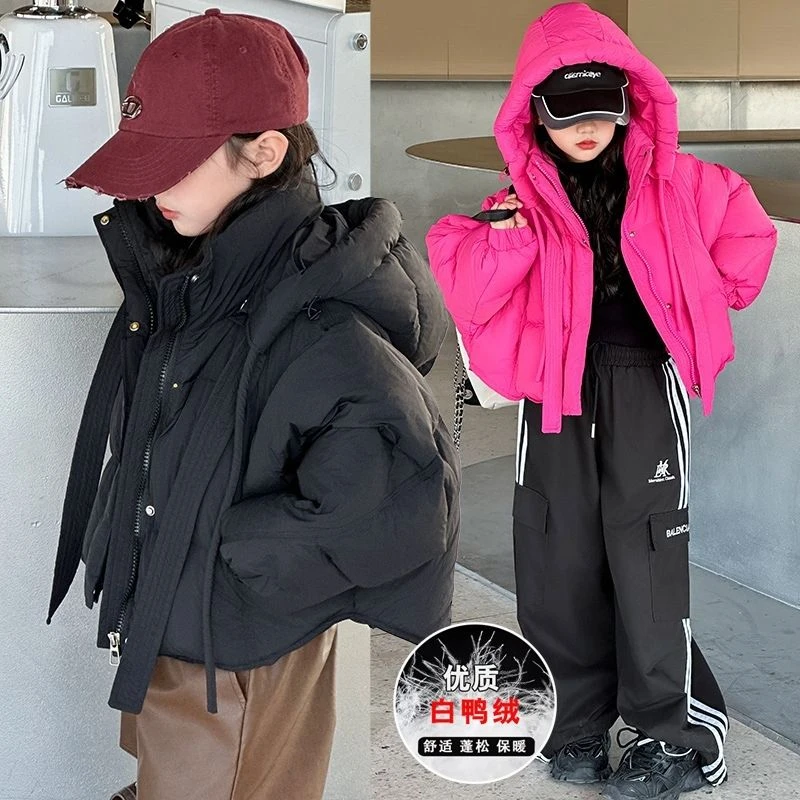 加绒亲子舒适休闲保暖优质韩版短款羽绒服冬季2023新款黑色连帽服