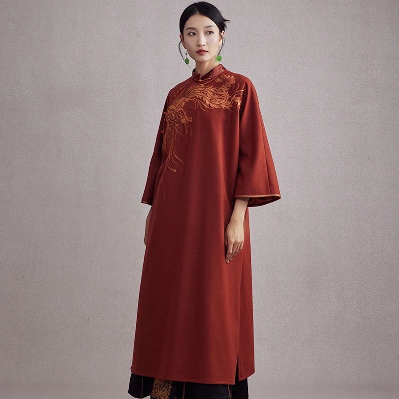 陌遇中国风旗袍气质凤凰刺绣大气中式旗袍毛呢立领连衣裙M22937
