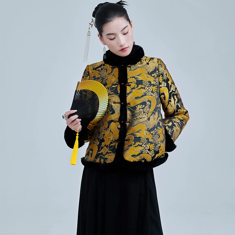 陌遇冬季中国风改良织锦缎獭兔毛镶边棉衣圆领唐装外套M236373