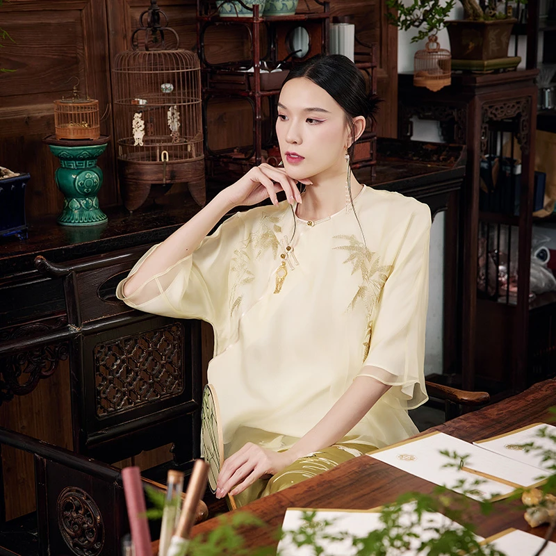 陌遇丨竹清丨中国风气质优雅100%桑蚕丝绣花中式唐装上衣M236190