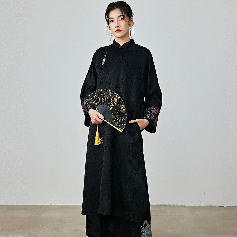 陌遇秋冬民国风新款改良提花缎大码旗袍新中式复古连衣裙M248693