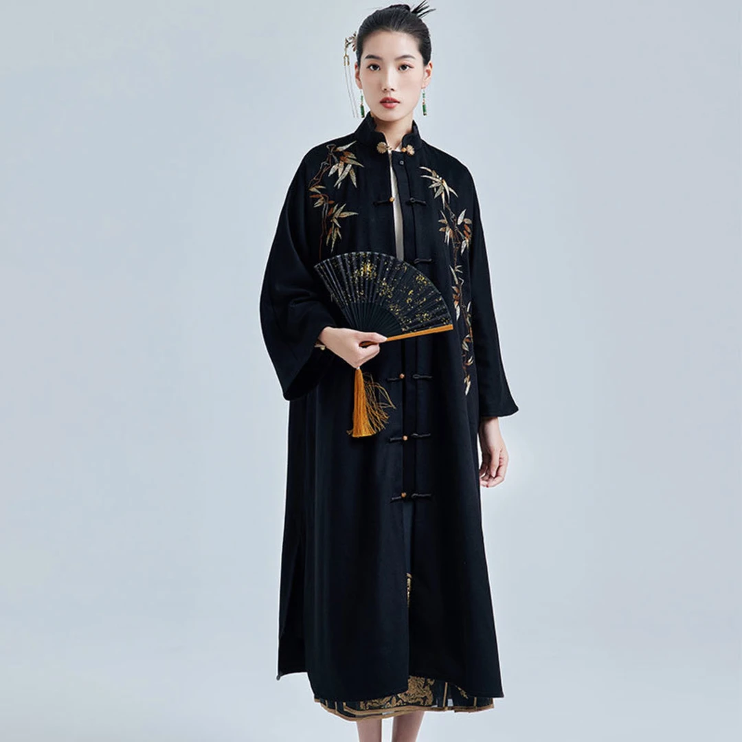 陌遇中国风复古绣花改良中长款羊毛呢大衣新中式唐装外套M236361