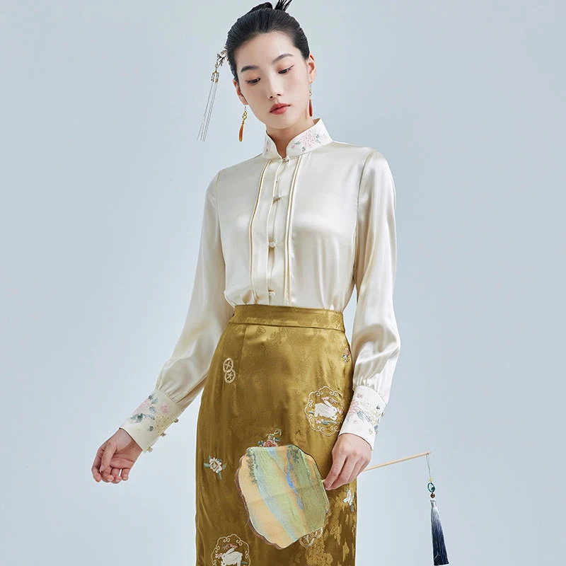 陌遇中国风高端优雅100%桑蚕丝刺绣茶服衬衣新中式上衣 M236336