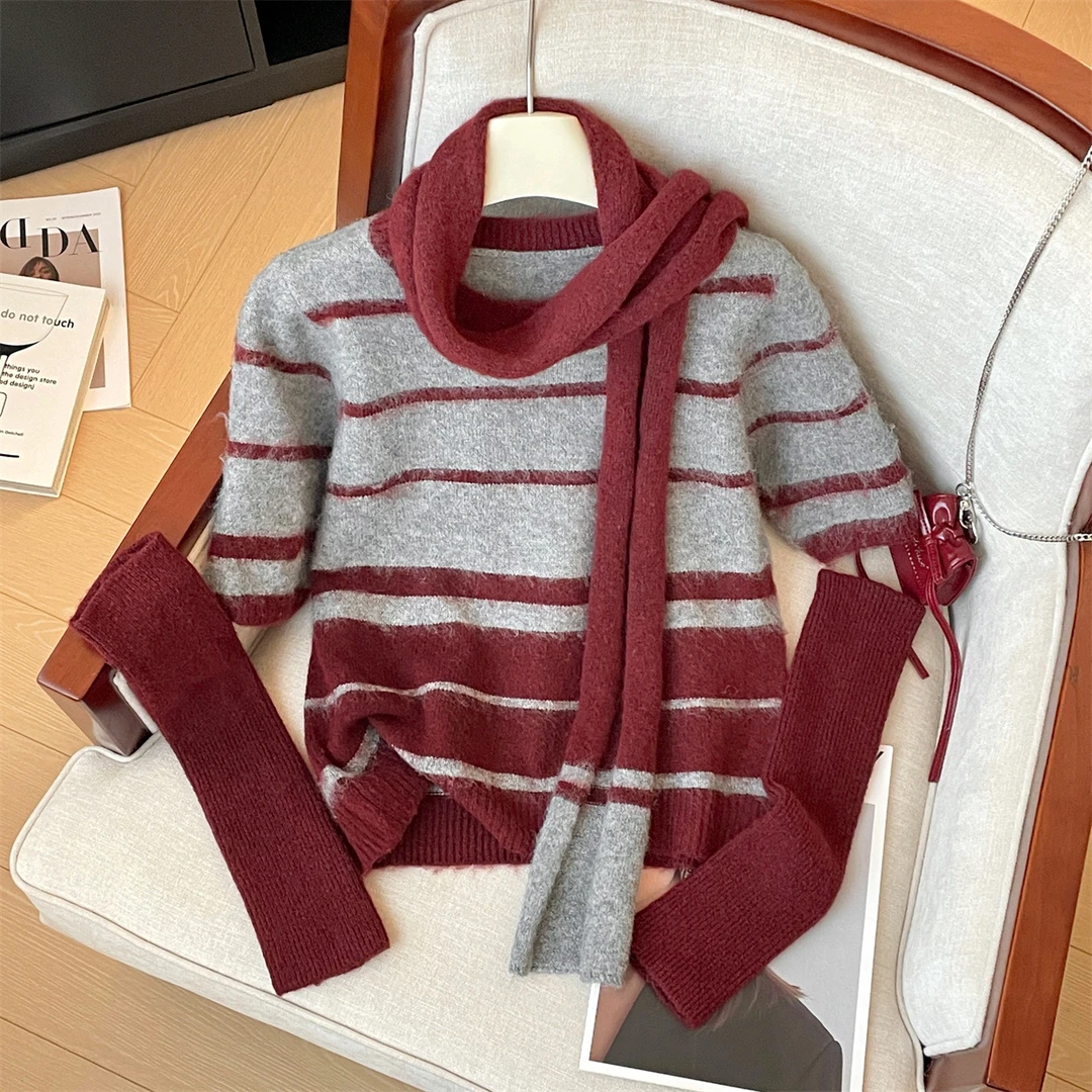 洋气条纹毛衣上衣女秋冬季新款保暖外穿显瘦针织衫时尚