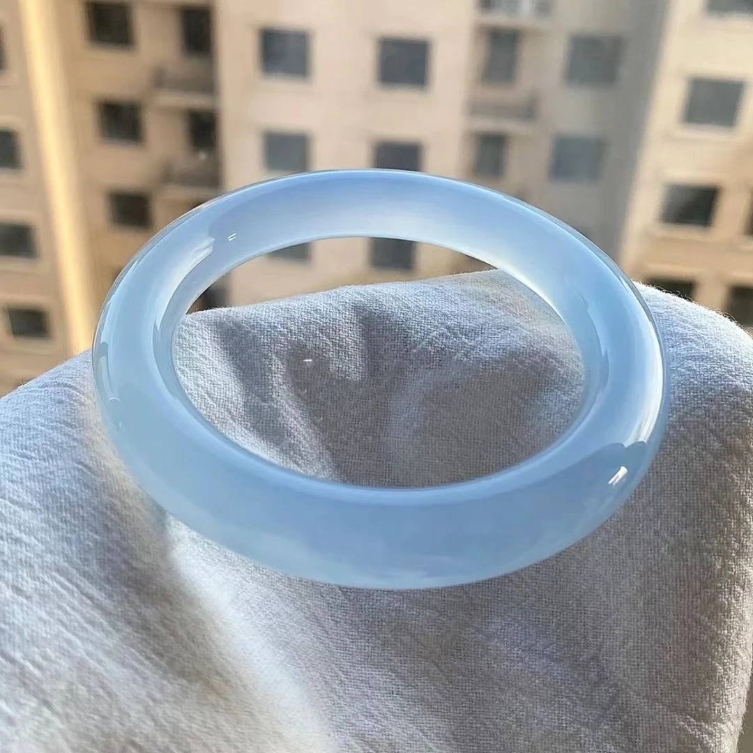 天然冰川蓝玉髓胖圆条手镯女高冰玛瑙海蓝宝镯子