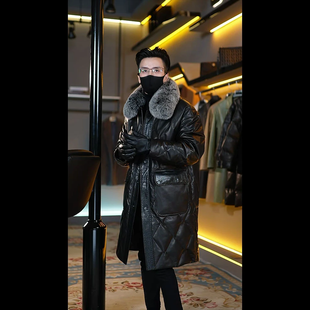 电脑绗缝男士真皮长款绵羊皮翻领白鸭绒宽松版休闲羽绒服狐狸毛领