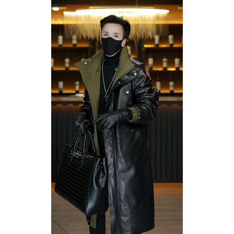 羊皮+羊毛+鹅绒 两面可穿 原创三明治羽绒服 男冬季真皮连帽长款