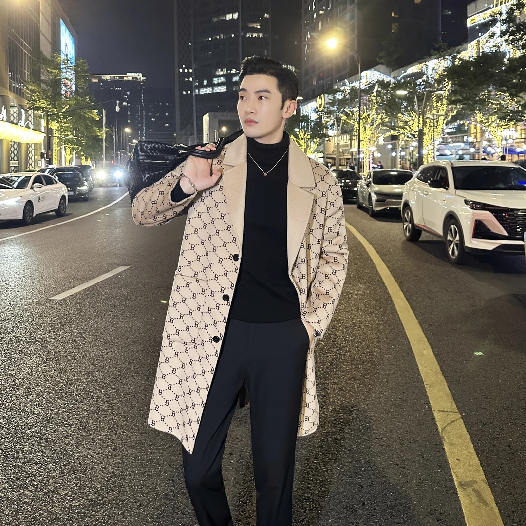 最后两件 特价 双面羊毛呢大衣时尚休闲印花男士中长款韩版宽松