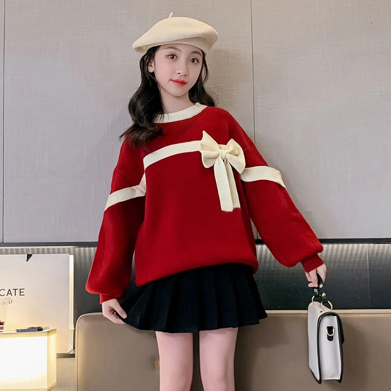 2023秋冬款红色毛衣女童套头宽松打底衫女孩子加绒加厚针织毛线衣
