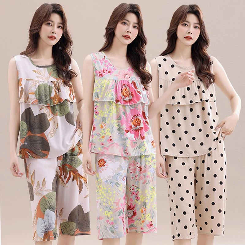防凸点棉绸睡衣无袖五分裤两件套夏季薄款大码宽松家居服外穿套装