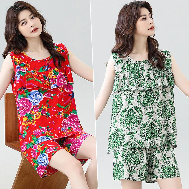 防凸点睡衣女棉绸套装50到60岁中老年妈妈无袖薄款圆领碎花家居服