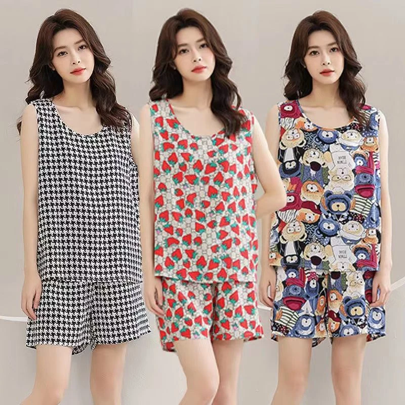 2023年夏季新款年轻女睡衣棉绸薄款无袖短裤两件套时尚家居服套装