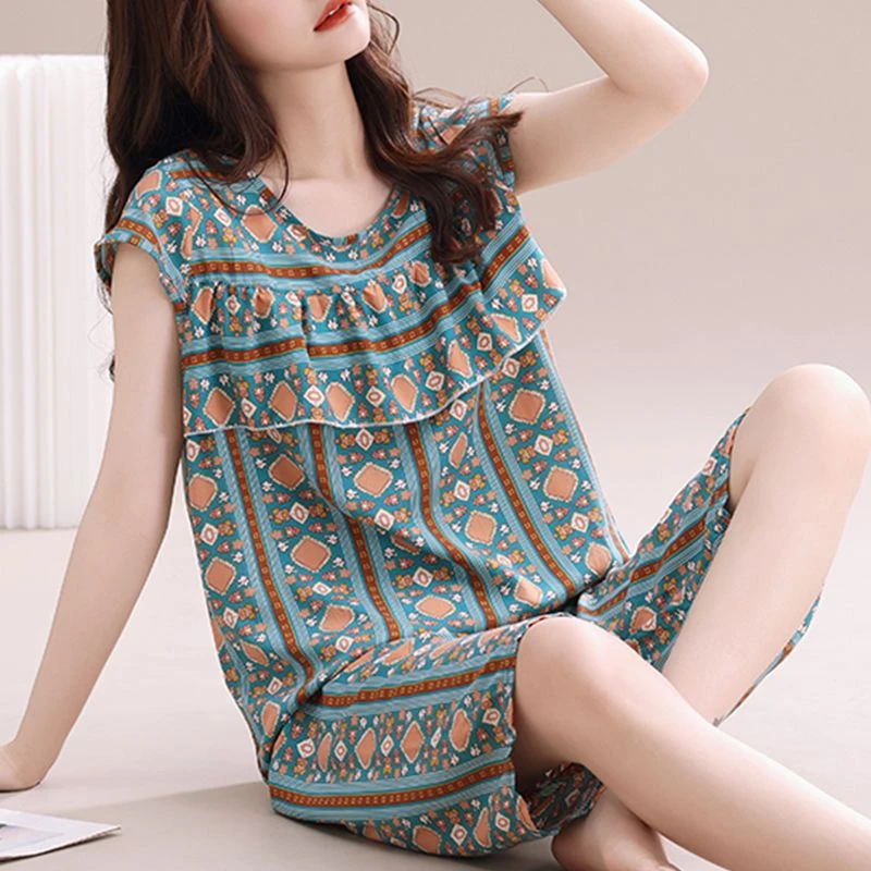 遮胸防凸点棉绸睡衣女士套装夏天薄款大码宽松家居服年轻韩版外穿