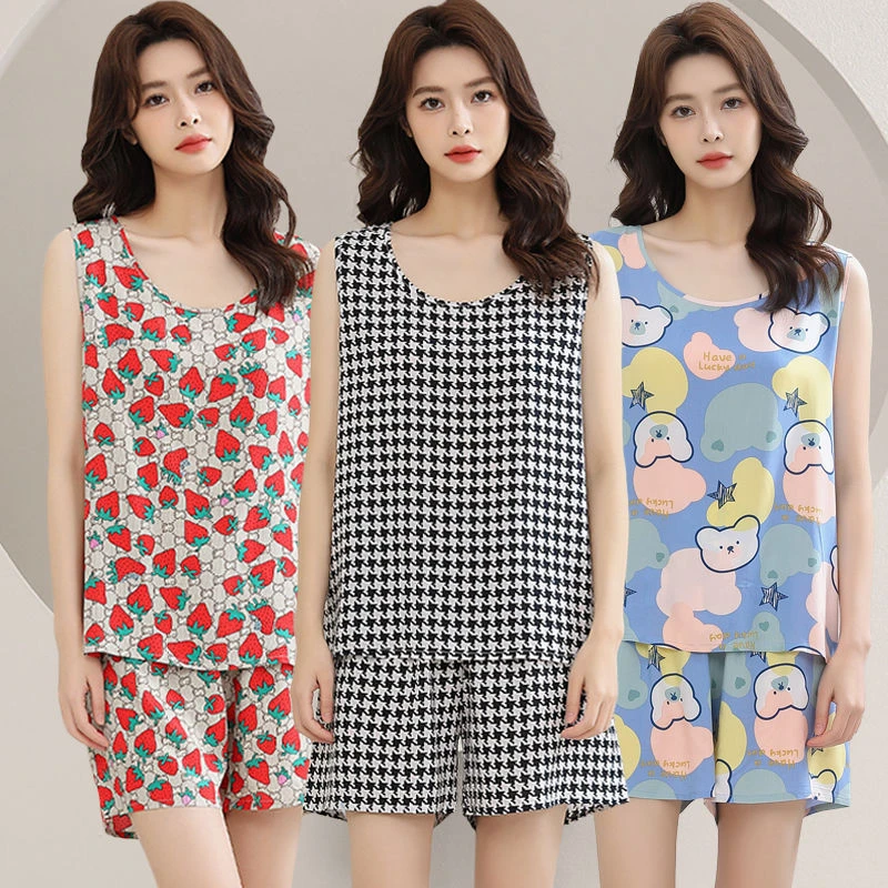 夏季女棉绸无袖背心短裤睡衣两件套韩版大码人造棉家居服薄款套装