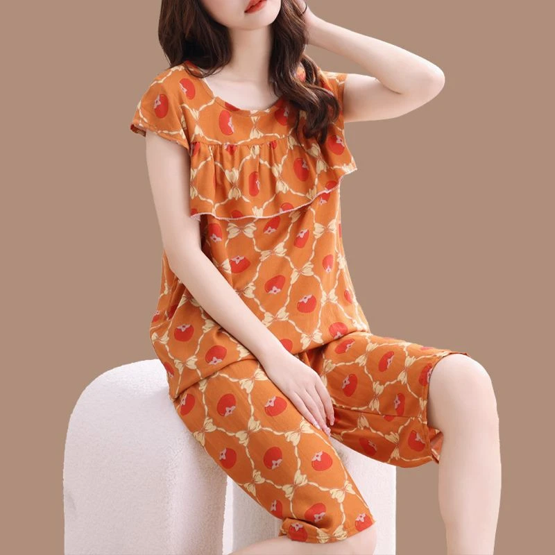 2024新款棉绸睡衣女夏季薄款背心七分裤套装宽松韩版防凸点家居服