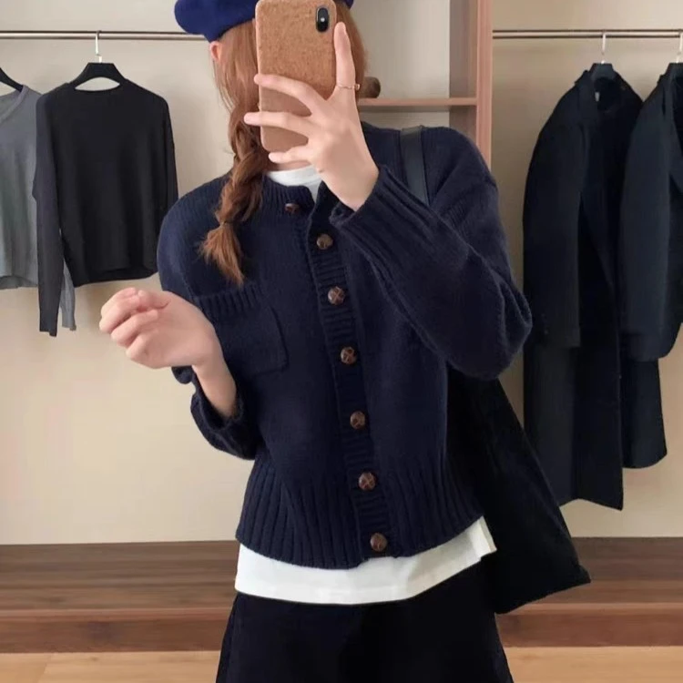 韩系新款藏青【彼得兔】背面刺绣针织长袖开衫女显瘦百搭