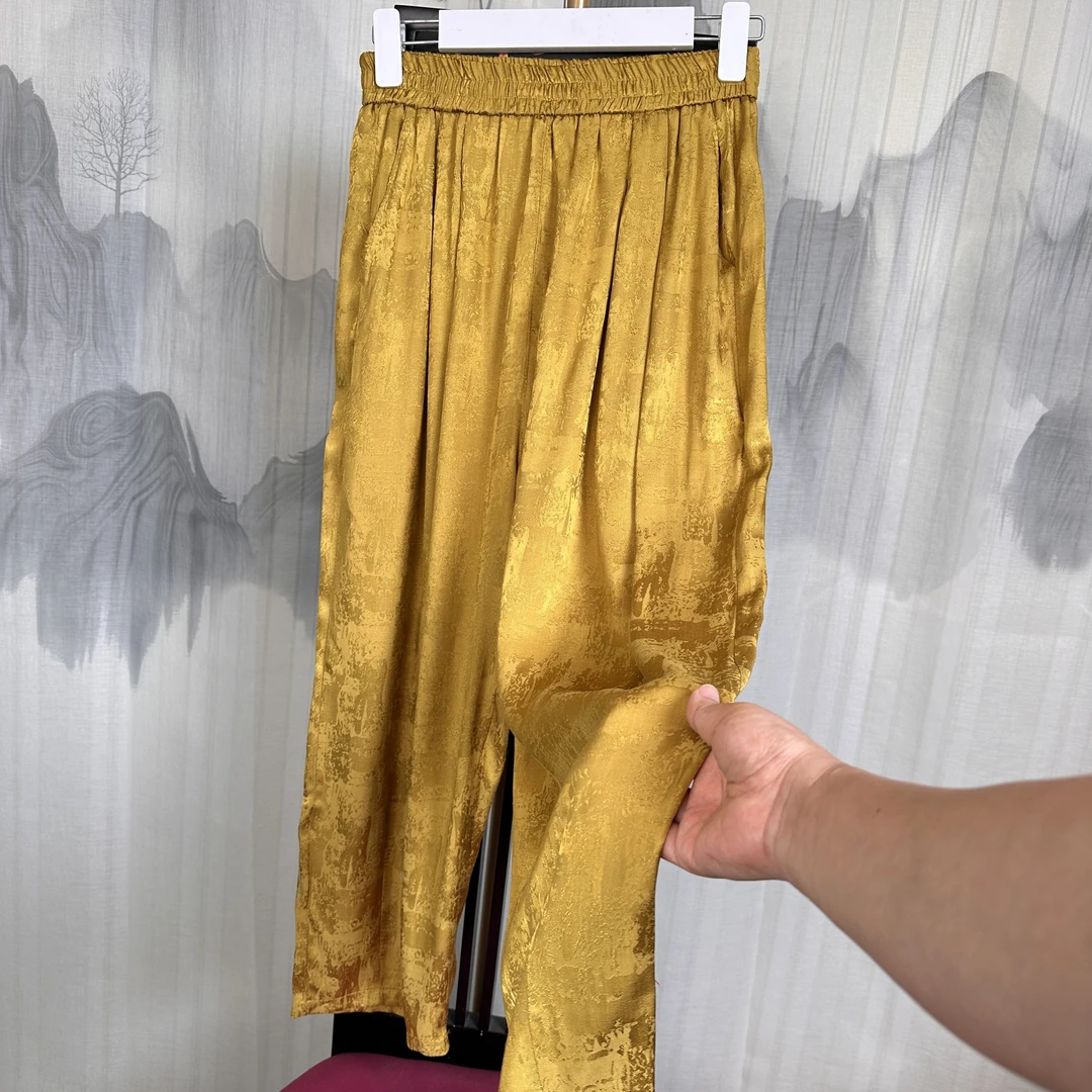 2025新中式桑蚕丝小脚裤时尚高腰气质国风提花宽松百搭女士松紧腰