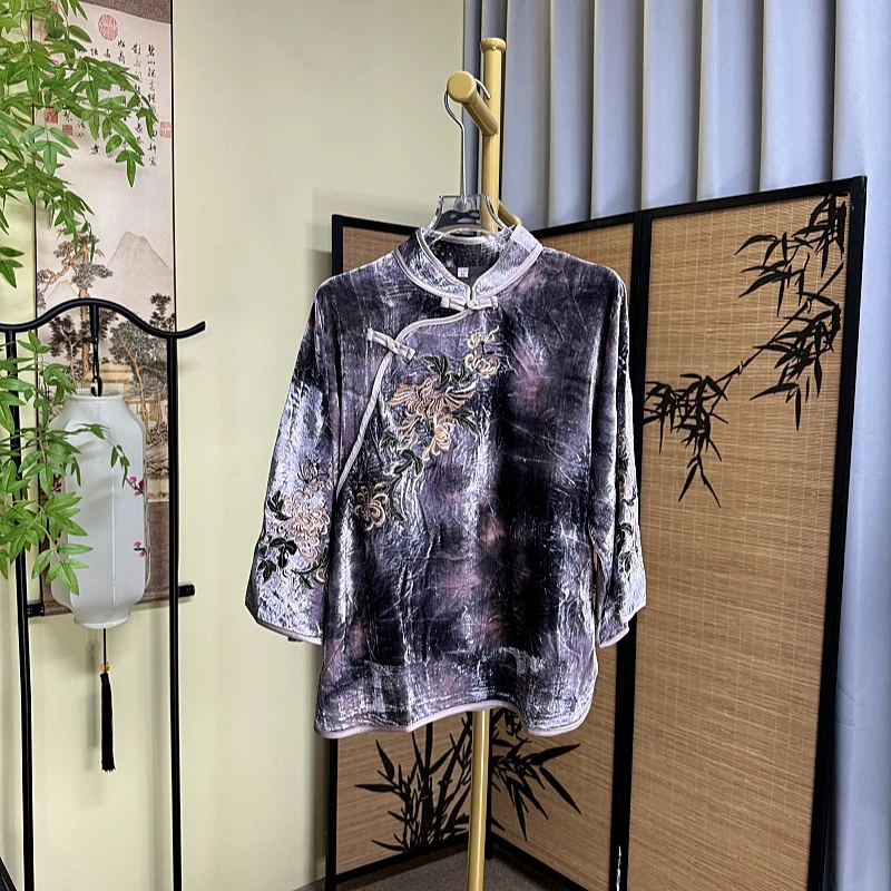 新中式外套真丝绒上衣斜襟盘扣百搭时尚大气刺绣洋气复古