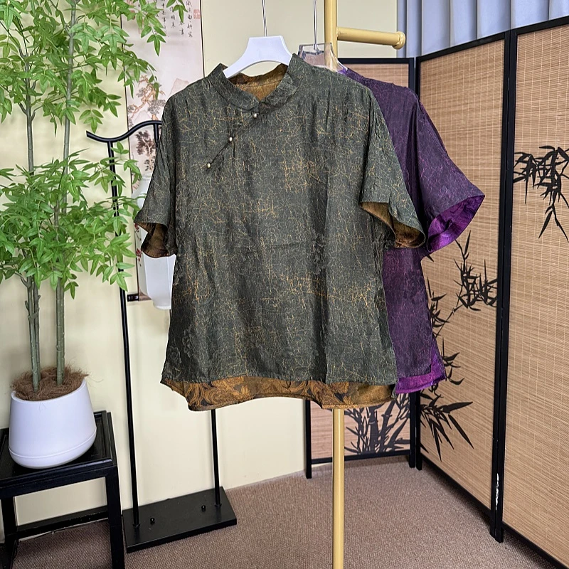 【扎染老料】新中式国风衬衫花萝提花复古宽松重磅短袖斜襟双面穿