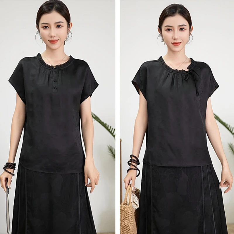 【元青】新中式香云纱短袖百搭复古外套宽松圆领气质休闲时尚双面穿