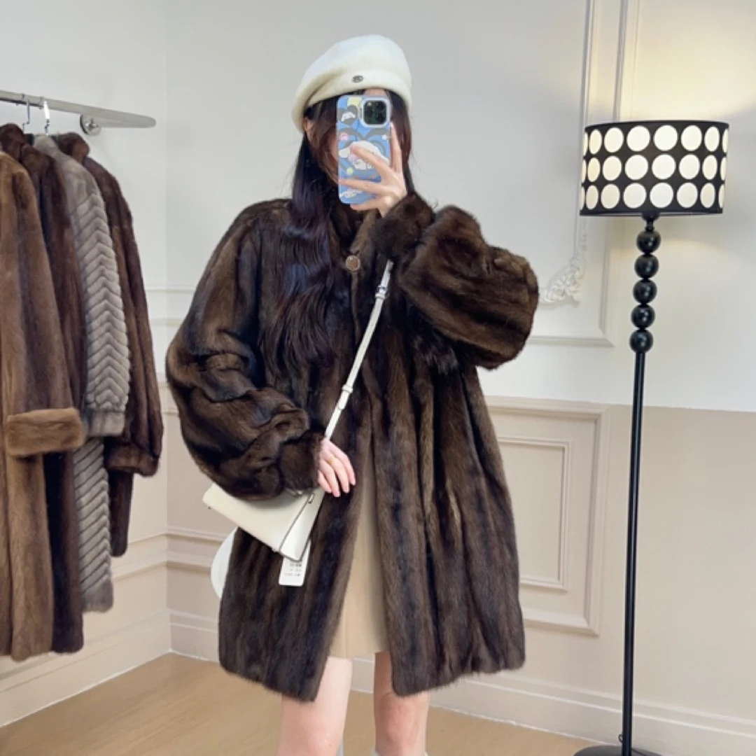 Z22深闷青棕色一粒扣可立翻泡泡袖气质秋冬厚外套时尚洋气宽松