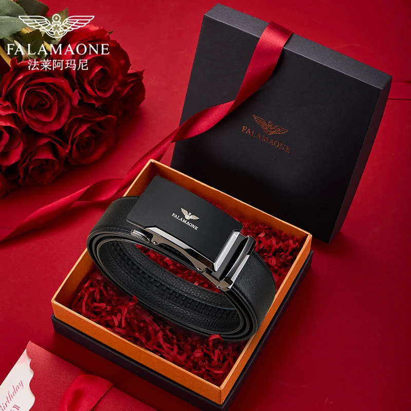 法莱阿玛尼男士皮带高档时尚商务真牛皮裤腰带2025短款礼盒装裤带