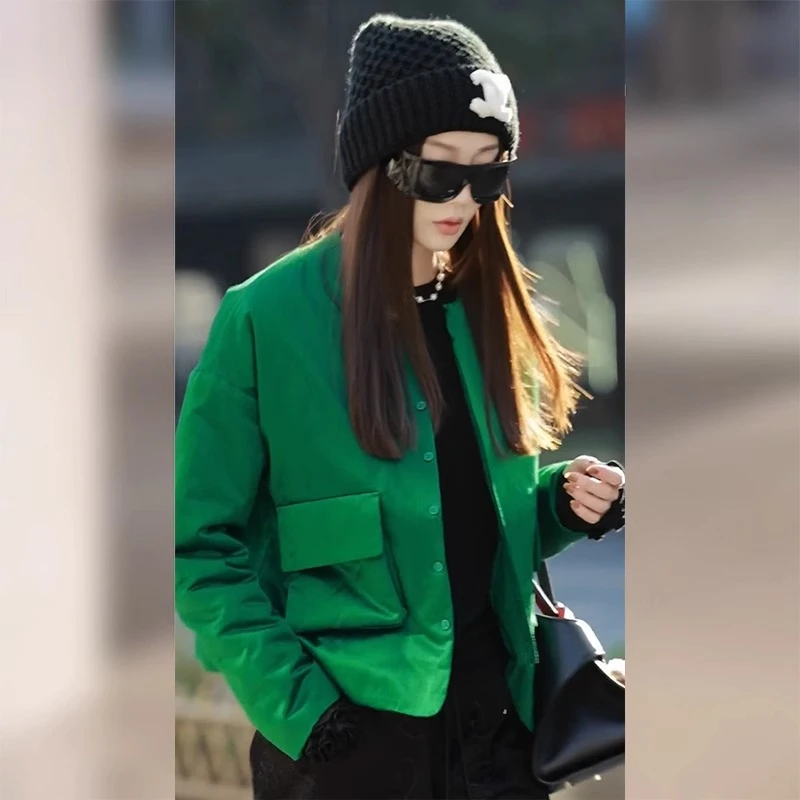 绿色小香风短款外套女秋季新款圆领长袖常规款超赞