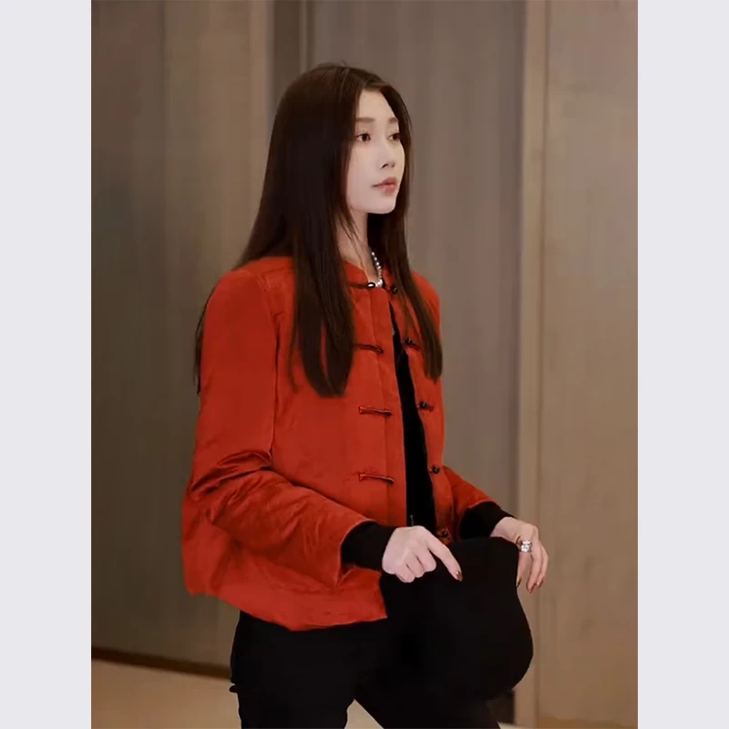 新中式红色宽松棉衣纯色时尚外套常规圆领暗扣长袖冬季新款