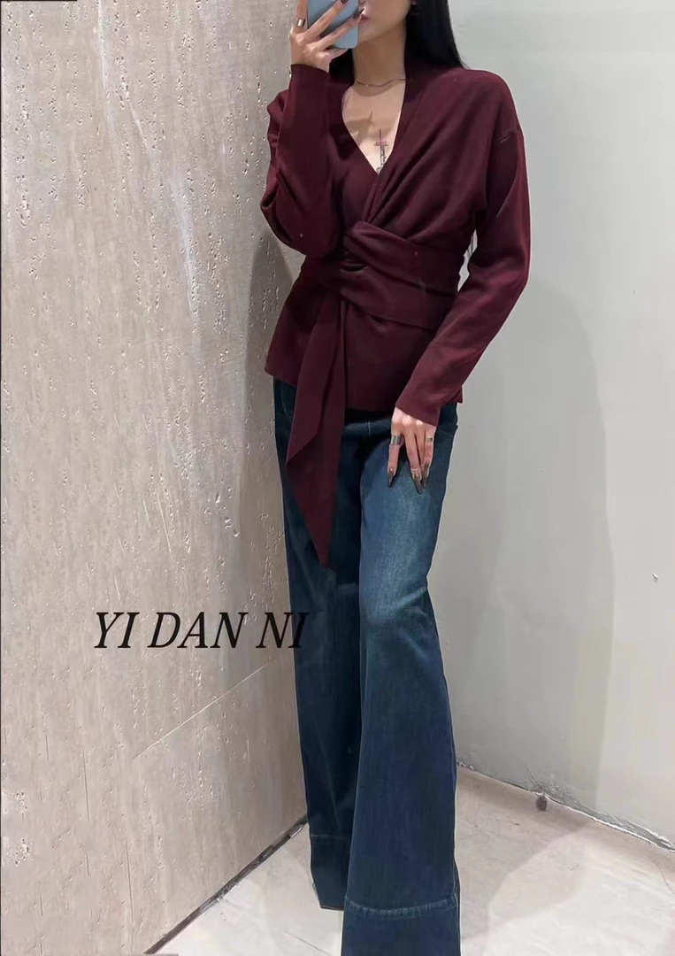 1605简约V领绑带收腰小众设计感毛针织衫上衣女气质感