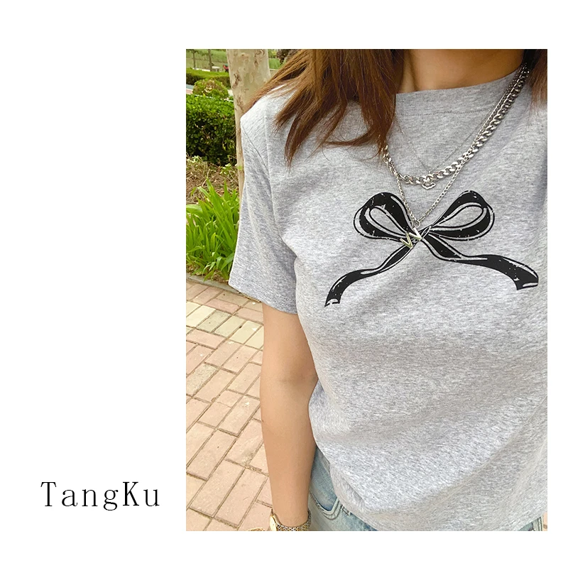 蝴蝶结T恤女夏季2024新款爆款显瘦灰色正肩圆领打底衫短袖上衣ins