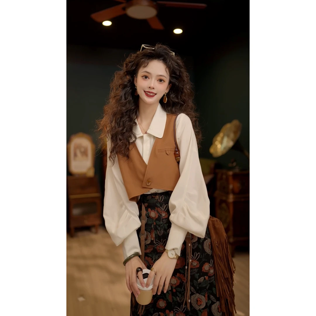 扣子家【海岸月光】港风复古假两件衬衫长袖设计感上衣KR0824349