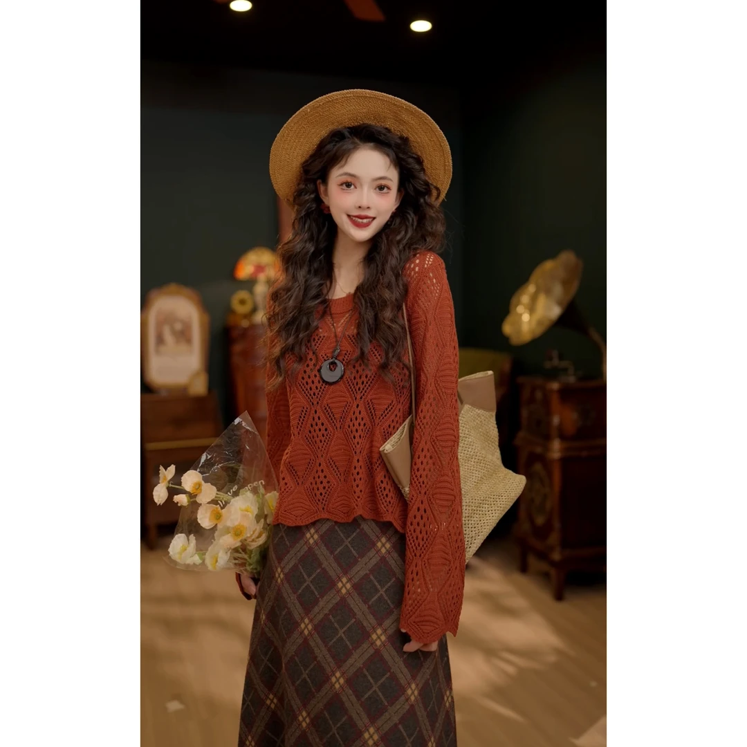 扣子家【秋景野菊】港风复古镂空长袖针织衫纯色秋季上衣KC166057-1
