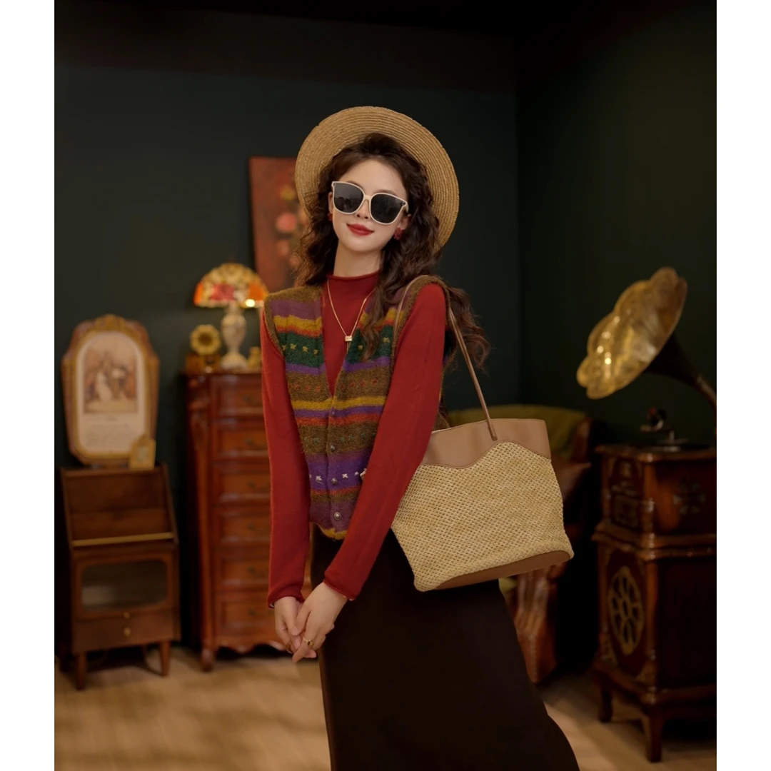 扣子家【氧气银河】港风复古拼接开衫无袖显瘦针织马甲K0824180